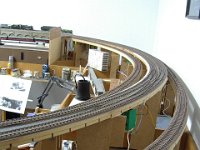 Photo 10: Looking to our right, we see the ex-terminus lines climbing (on the left) and falling (on the right) either side of the main continuous running lines.  After splitting, both lines assume a gradient of 1:68 and, again, curving through 180 degrees at 4ft-6in radius, the outside lines enter passing loops (Eardley Junction) behind Harrington Street station - Phase 3.