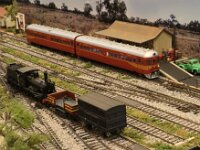 IMG 0822  The two car diesel trains superseded the CPH railmotors on many branchlines. !2 class    4-4-0 shunts the goods sidings, with attached shunters wagon. The backscene is composed of photographs taken near Balranald in South Western NSW and printed on a vinyl material.